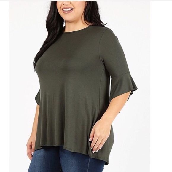 Women’s Olive Green Elbow Length Bell Sleeve Loose Fitting Plus SizeTop Sz 1X - Picture 2 of 6